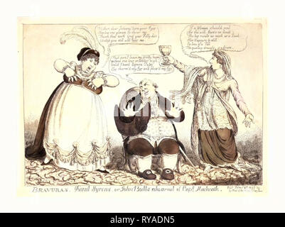 Syrens bravuras Rivalen oder John-Bulls Probe von Kapitän Macheath, Gravur 1807, John Bull sitzt, mit Opera hat unter seinen Arm, wird belagert durch die rivalisierenden Sänger, Frau Billington und Catalani, die Zeilen aus der Oper Der Bettler angepasst Stockfoto