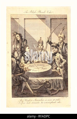 Die polnische Plumb-Cake, Lodge, John,-1796, Gravur 1774, Leopold II. und Friedrich Wilhelm II. mit gezogene Schwerter, Katharina II., die Inhaber einer Cleaver, und Louis XV mit einem Messer Sitzen um einen Tisch, auf dem ruht eine partitionierte Kuchen, die Polen, jeder Monarch, eine separate, jedoch nicht zu gleichen Teilen, im Hintergrund auf der linken Seite steht eine weinende König von Polen, auf der rechten Seite, mit Schwert hob sich der Sultan Stockfoto