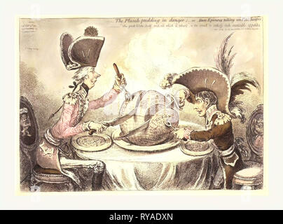 Die Plumb Pudding in Gefahr, oder, Genießer, Un Petit Souper, William Pitt, das Tragen eines Regiments Uniform und Mütze, sitzt an einem Tisch mit Napoleon. Sie sind jeweils das Schnitzen eines großen Plumpudding auf die eine Karte der Welt. Pitt der Slice ist deutlich größer als Napoleons Stockfoto