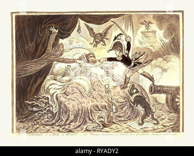 Komfort in einem Bett aus Rosen, Gillray, James, 1756-1815, Stecher, [London]: H. Humphrey, 1806, Charles Fox, im Bett mit seiner Frau, in einen Alptraum. Auf der rechten Seite, Napoleon springt auf das Bett aus einer Kanone mit den Worten Pour Le Monde Subjugeur eingeschrieben auf der Schnauze, hinter ihm gesehen, Hechte und ein Transparent mit den Worten Schrecken der Invasion sind. William Pitt, als Schatten, schwimmt in der Nähe des Bettes, mahnend Fox zu Wach. Ein Adler mit dem Bund mit Preußen Webstühle über Fox's Kopf. Unter dem Bett wachsen Thorny Rose Niederlassungen und Tod kriecht Unter den Abdeckungen. Eine Bulldogge mit seinen Kragen Stockfoto