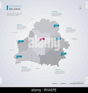 Belarus Vektorkarte mit infografik Elemente, Zeiger markiert. Editierbare Vorlage mit den Regionen, Städten und der Hauptstadt Minsk. Stock Vektor