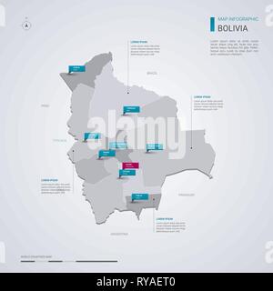 Bolivien Vektorkarte mit infografik Elemente, Zeiger markiert. Editierbare Vorlage mit den Regionen, Städten und der Hauptstadt Sucre. Stock Vektor