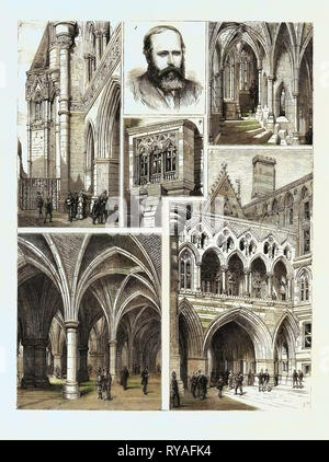 Das neue Gesetz Gerichte und Ihre Architekten: 3. George Edmund Straße, R.A. (Gestorben am 18. Dezember 1881, im Alter von 57, in der Westminster Abbey, 29 Dezember, 1881 begraben), 2. Blick hinter die 'Wand' Strand vorne, 3. Eines der kreisförmigen Treppen, 4. Fenster auf der Westseite, 5. Zurück von Tor zum Osten Viereck, 6. Der große Flur im Erdgeschoss Stockfoto