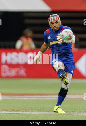 Vancouver, British Columbia, Kanada. 10 Mär, 2019. NIUA FOLAU #7 der United States kickt den Ball während Rugby sevens Aktion am Tag 2 der HSBC Kanada Sevens auf BC Place am 10. März 2019 in Vancouver, Kanada. Credit: Andrew Kinn/ZUMA Draht/Alamy leben Nachrichten Stockfoto