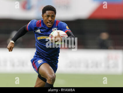 Vancouver, British Columbia, Kanada. 10 Mär, 2019. KEVON WILLIAMS #6 der Vereinigten Staaten mit der Kugel läuft während Rugby sevens Aktion am Tag 2 der HSBC Kanada Sevens auf BC Place am 10. März 2019 in Vancouver, Kanada. Credit: Andrew Kinn/ZUMA Draht/Alamy leben Nachrichten Stockfoto