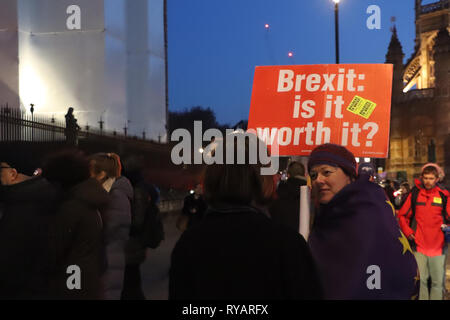 Brexit: Ist es das wert? - Ein Pro-Bleiben-Demonstrator bespricht Brexit außerhalb der Häuser des Parlaments am Abend der Sinnvolle Abstimmung über Brexit. Stockfoto