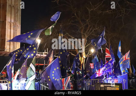 Bevy der EU-Flaggen im Parlament: Pro-bleiben Demonstranten kam heraus Kraft auf der Nacht der Sinnvolle Abstimmung über Brexit, mit Überschwemmungen der EU-Flaggen und brannte mit regionalen Fahnen, den ganzen Tag fliegen und die Nacht vor dem Haus des Parlaments. Stockfoto