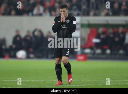 Düsseldorf, Deutschland. 11 Mär, 2019. firo: 11.03.2019, Fußball, 2018/2019, 1.Bundesliga Fortuna Düsseldorf Düsseldorf - Eintracht Frankfurt 0:3 Geste, Luka Jovic | Verwendung der weltweiten Kredit: dpa/Alamy leben Nachrichten Stockfoto