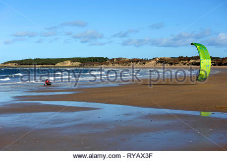 Gullane, Schottland, Großbritannien. März 2019. Kitesurfer Kitesurfen an einem sonnigen und windigen Tag am Gullane Bents Beach. Quelle: Craig Brown/Alamy Live News Stockfoto