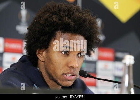 Kiew, Ukraine. 13 Mär, 2019. Chelsea Spieler William spricht während einer Pressekonferenz in Kiew, Ukraine, am 13. März 2019. Chelsea wird Dynamo Kiew Gesicht in der UEFA Europa League, zweite Bein Fußball Match in Kiew am 14. März 2019. Credit: Serg Glovny/ZUMA Draht/Alamy leben Nachrichten Stockfoto