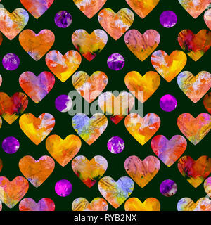 Herzen abstract Grunge bunte Farbtupfer in gelb und lila Kreise, Marmor Textur Aquarell nahtlose Muster auf dunklem Hintergrund Stockfoto