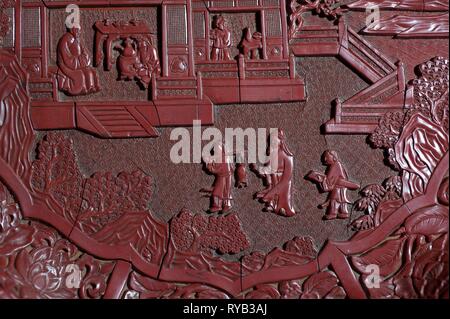 Die Objekte zum Angebot: - geschnitzt Rot Lack auf Holz core 1403-24 mit Szenen des kaiserlichen Haushalts 35 cm Durchmesser. - Ein paar gold Kissen endet vermutlich für ein Mitglied der königlichen Familie Ming - Longquan Heiligtum - Steinzeug celadon Glasur und Vergoldung Tongle Ära 1406. an der Oberseite des obersten daoistischen Gott des Donners Fahrten Fabeltier bezeichnet ein qilin Mitte Nische sind die drei Reine, Götter, der daoistischen Philosophie kapseln. Im Zentrum Celestial Worthys. In der Mitte in den Reverse Shot sichtbar wird, ist die CW von Promordial. In der unteren Grotte sind der Jade Kaiser cen Stockfoto