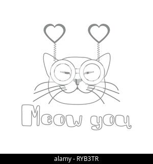Vector Illustration mit Schnauze von cat im Karneval Gläser mit Herzen. Grußkarte Happy Valentine's Day. Romantische Hintergrund. Karneval festliche con Stock Vektor