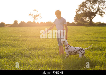 Ein Junge geht mit seinem Dalmatiner Hund in der offenen Landschaft an einem Sommerabend. Stockfoto