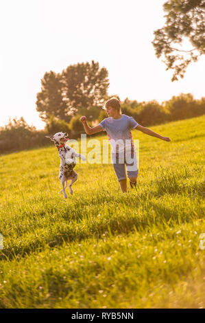 Ein Dalmatiner Hund springt in die Luft, während ein Junge geht in die offene Landschaft. Stockfoto