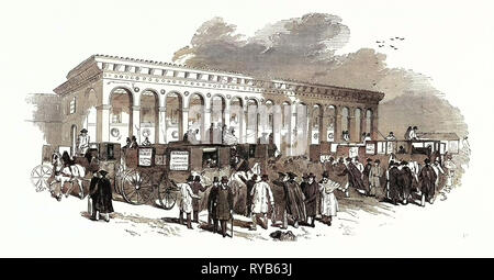 Die Cambridge Bundestagswahl Bundestagswahl: Der Bahnhof in Cambridge, Ankunft der Wähler, UK, 1847 Stockfoto