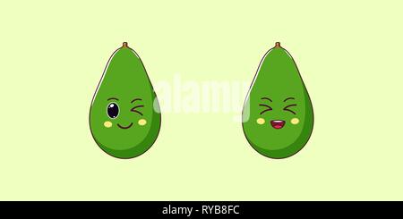 Niedlich Kawaii Avocado, Cartoon reife Früchte. Vector Illustration von Cartoon Grün Avocado mit Augenzwinkern und Lachen im Gesicht, lustig Emoji. Sommer Sticker. Pri Stock Vektor