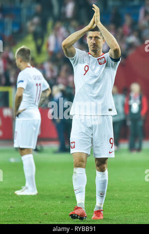 CHORZOW, Polen - 11. OKTOBER 2018: Fußball-Nationen League Division A Gruppe 3 match Polen vs Portugal 2:3. Im Bild Robert Lewandowski. Stockfoto