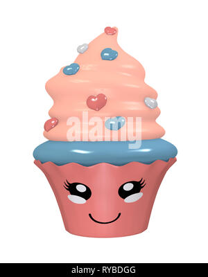 Niedliche 3d-Kawaii Cupcake mit lächelndes Gesicht. 3D-Rendering Stockfoto