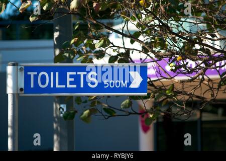 Blau metall Schild Richtung zeigen, in die nächste Wc Stockfoto
