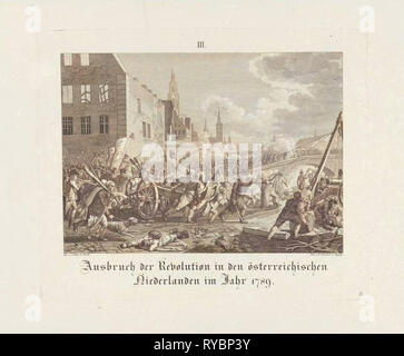 Ausbruch der Rebellion in Brabant gegen die österreichische Herrschaft von Kaiser Joseph II. im Jahre 1789, bewaffnet ziehen Horden von Aufständischen die Straßen feuern, Die Niederlande, drucken Teekocher: Paul Jakob Laminit (auf Objekt erwähnt), 1800 - 1806 Stockfoto