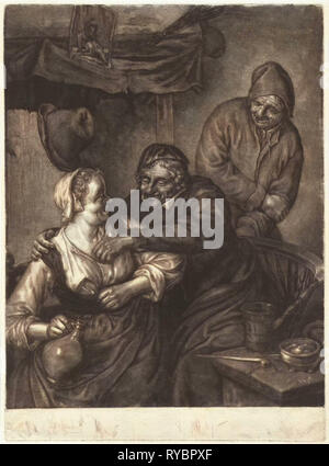 Taverne-Szene mit drei Figuren mit Kamin, Pieter Schenk ich, Adriaen van Ostade, 1670-1713 Stockfoto