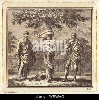 Alt und jung Mann in einem Baum mit Band, Jan Luyken, Mi. Pieter Arentsz & Cornelis van der Sys (II), 1710 Stockfoto