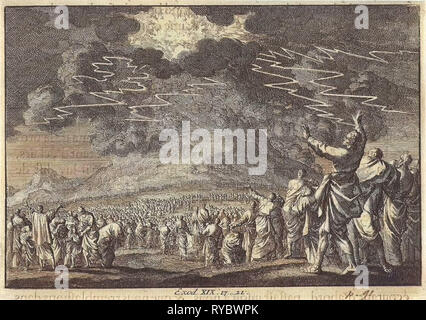 Moses auf dem Berg Sinai, Jan Luyken, Pieter Mortier, 1703-1762 Stockfoto