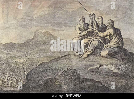 Aaron und Hur Stütze die Hände Mose's während der Kampf der Israeliten gegen die Amalekiter, Jan Luyken, Pieter Mortier, 1703 - 1762 Stockfoto