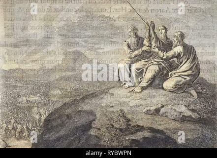 Aaron und Hur Stütze die Hände Mose's während der Kampf der Israeliten gegen die Amalekiter, Jan Luyken, Pieter Mortier, 1703-1762 Stockfoto