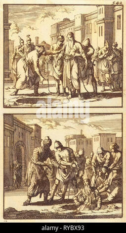 Jeremia in eine Grube geworfen, Jeremiah aus der Grube gezogen, Jan Luyken, Barent Visscher, Andries van Damme, 1698 Stockfoto