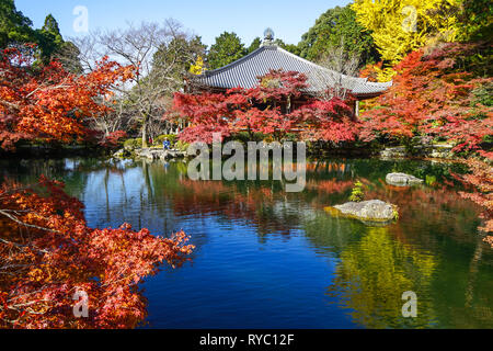 Kyoto, Japan - 18.November 2016. Herbst Landschaft des Daigoji Tempel mit Seeblick. Daigoji ist ein wichtiger Tempel des Shingon Sekte des japanischen Buddhismus. Stockfoto