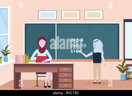 Muslimische arabische Lehrer mit arabischen Schüler lösen mathematische Problem am Schwarzen Brett während der Lektion Ausbildung Konzept moderne Schule Klassenzimmer Interieur voller Stock Vektor
