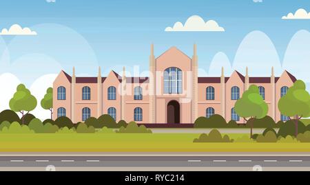 Moderne nationale Universität oder Hochschule außen Blick leer Vorgarten mit grünem Gras und Bäume Landschaft Graduierung Bildung Konzept flach Stock Vektor
