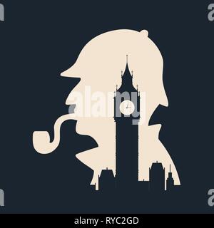 Sherlock holmes Silhouette mit Big Ben London. Vector Illustration Stock Vektor