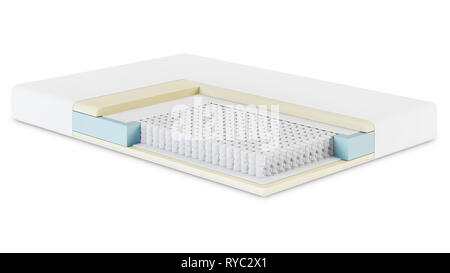 Weiß orthopädische Matratze. Struktur der Schichten der Matratze. 3D-Rendering. Stockfoto