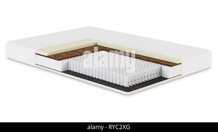 Weiß orthopädische Matratze. Struktur der Schichten der Matratze. 3D-Rendering. Stockfoto