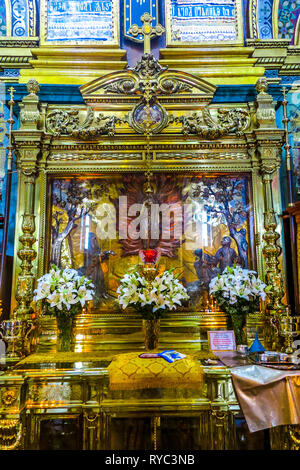 Pochaiv Lavra Christlich-orthodoxen Klosters Mariä-Entschlafens-Kathedrale Wonderworking Ikone der Heiligen Gottesgebärerin mit Fußabdruck Rock Stockfoto