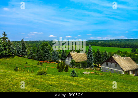Bursuc Hancu Kloster atemberaubende Landschaft Blick auf die Häuser in der Nähe mit blauem Himmel Hintergrund Stockfoto