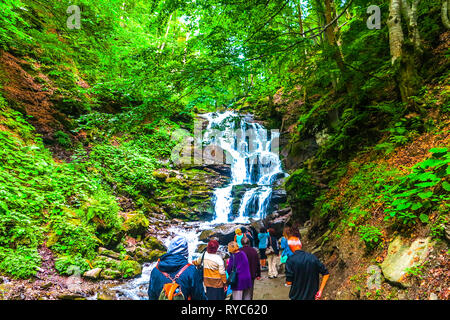 Shypit Wald Rock Wasserfall frontale Ansicht in den ukrainischen Karpaten. Stockfoto