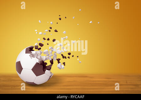 3D-Rendering eines Fußball-Auflösung in Teilchen auf der einen Seite, auf der Holzoberfläche auf gelbem Hintergrund mit viel Text. Stockfoto
