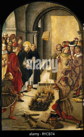 St. Dominikus de Guzmán und die Albigenser - von Pedro Berruguete - Dies schildert die Geschichte einer Auseinandersetzung zwischen Saint Dominic und die Katharer, in der die Bücher sowohl auf einem Feuer und St. Dominic's Bücher geworfen wurden auf wunderbare Weise vor den Flammen bewahrt. Dies war vermutlich der Fehlerhaftigkeit der Lehren der Katharer zu symbolisieren. Stockfoto