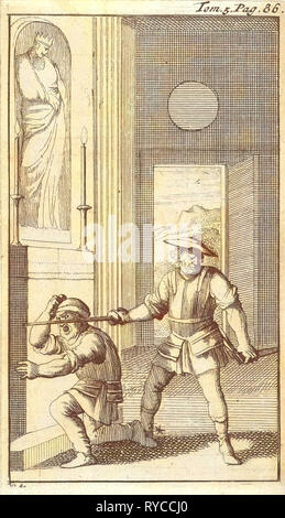 In einer Kirche Sancho kniet vor einem Symbol und wird zum Ritter geschlagen, Caspar Luyken, Pieter Mortier, 1696 Stockfoto