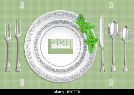 Tabelle Einstellung mit Teller, Löffel, Messer und Gabel auf einem grünen Stoff Hintergrund Stock Vektor