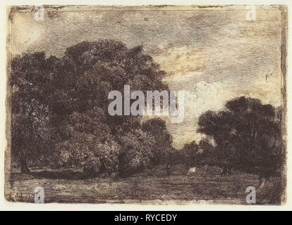Landschaft mit drei Bäumen und weidenden Kühen, Julius Jacobus van de Sande Bakhuyzen, 1845-1925 Stockfoto
