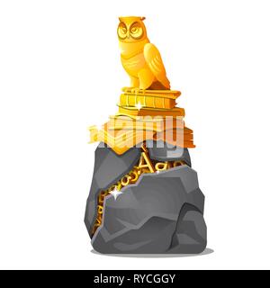 Goldene Eule Statue auf Bücher und Risse im Stein mit Buchstaben aus Gold auf weißem Hintergrund. Vektor cartoon Close-up Abbildung. Stock Vektor