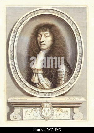 Porträt von Louis XIV, König von Frankreich, mit Spitzenkragen mit zwei Bürsten, Pieter van Schuppen, Nicolas Mignard, 1662 Stockfoto