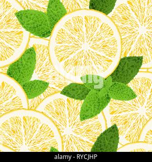Nahtlose Muster mit Zitrone und Minze auf weißem Hintergrund Stock Vektor