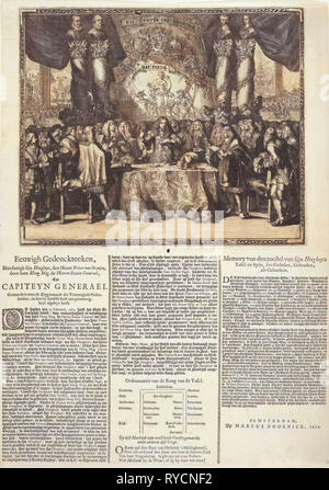 Darstellung und Beschreibung des Termins von Prinz William III. als Kapitän der Niederländischen Streitkräfte, der Prinz einen Eid der Treue gegenüber dem Kanzler der Mitgliedstaaten allgemeine Gaspar Fagel, hinter einem Tuch, das mit einer Darstellung der Jungfrau Niederländisch in der niederländischen Garten hängt, zwischen Spalten mit porträtbüsten von Willem van Oranje, prins Maurits, Frederik Hendrik und Willem II, drucken Teekocher: Romeyn de Hooghe (zugeschrieben), Dating 1672 Stockfoto