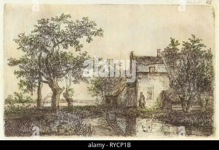 Frau mit einem Korb für ein Bauernhaus in der Nähe von Wasser, Hermanus Jan Hendrik van Rijkelijkhuysen, 1857 Stockfoto